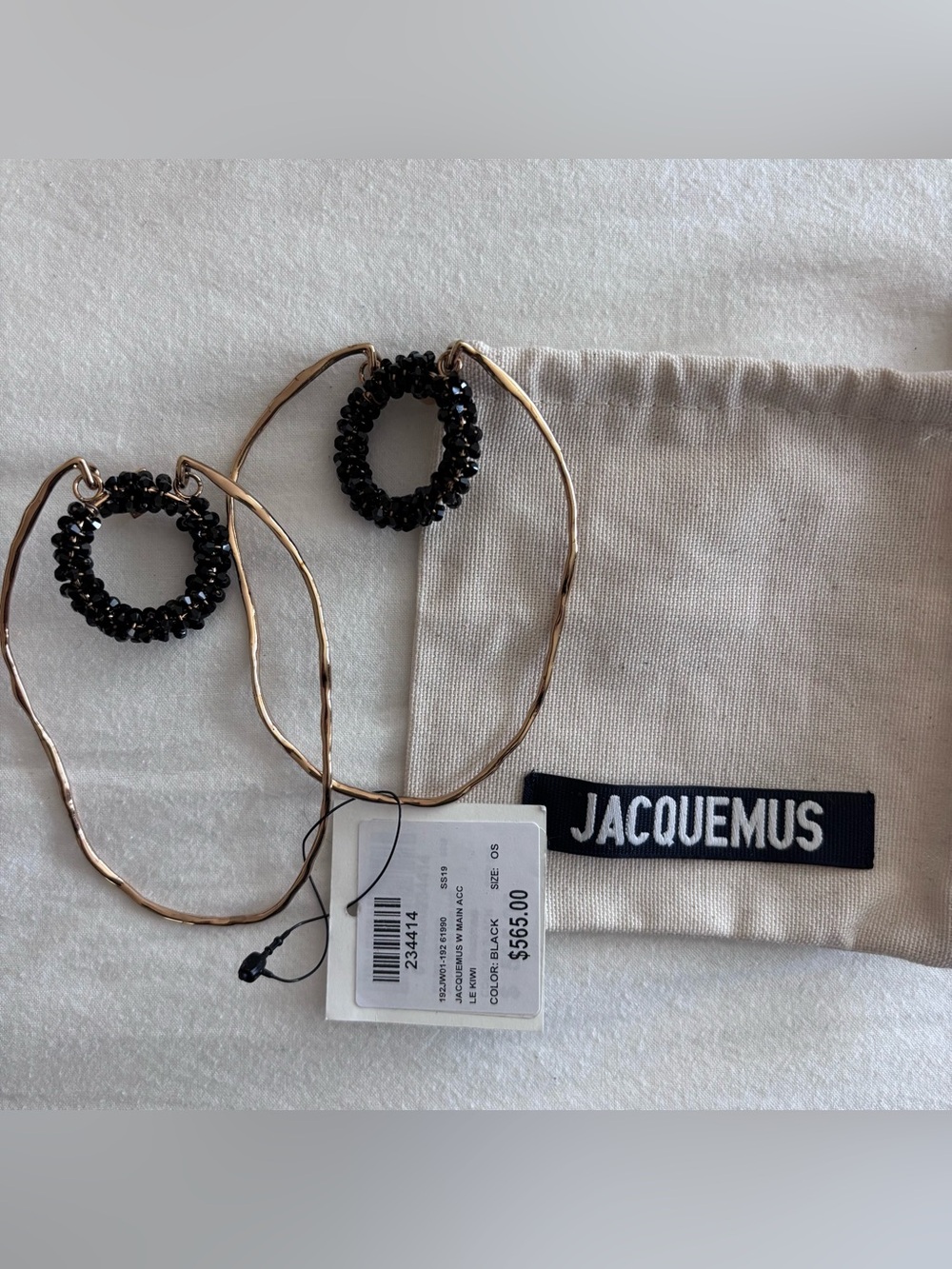 Jaquemus NIB Gold-Tone Hoop Earrings with Black Beaded Swarovski Studs - Picture 4 of 4